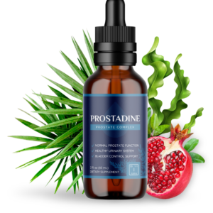 prostadine product with a cut in half pomegranate and some leafs around the product